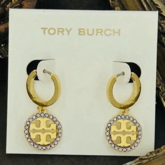 TORY BURCH • Gold Crystal Miller Huggies Hoop Earrings - Picture 3 of 3